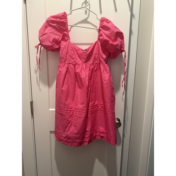 English Factory Pleated Detail Puff Sleeve Mini Dress Pink Size M - Picture 2 of 4